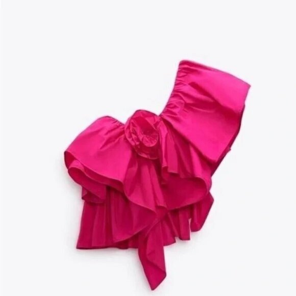 NWT Zara Fuchsia Rode Ruffled Asymetric Top | Size Small - Picture 2 of 7